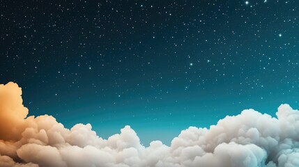 Starry abstract background concept. A stunning view of a starry sky above soft, fluffy clouds at dusk.