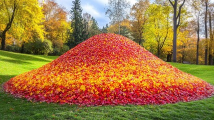 Fototapeta premium Autumn Leaves Form A Colorful Hill In Park Setting