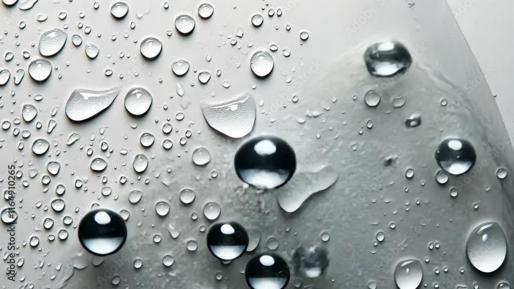 Poster close-up view of water droplets on a smooth surface showcasing texture and reflection