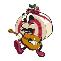 raspberry roll cake cute cartoon isolated vector illustration character mascot moustache playing guitar, work of hand drawn