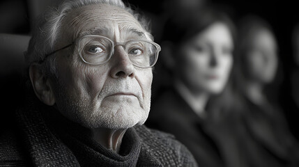 Fototapeta premium Elderly man with glasses looking intently, women blurred in background.