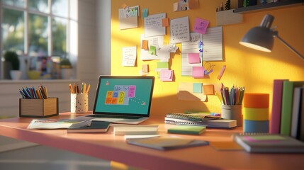 Sunny workspace with laptop, stationery, and notes.