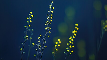 Close-up of delicate yellow wildflowers against a dark blue background.