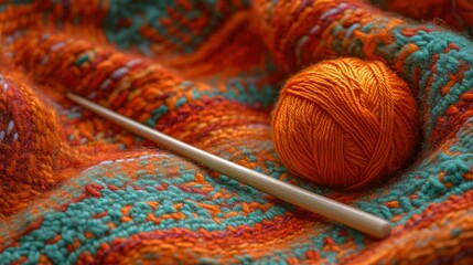 Orange yarn ball and knitting needle on textured fabric