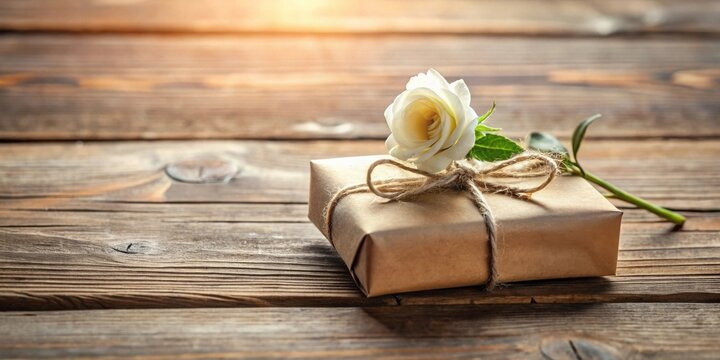 A rustic brown gift box tied with twine and adorned with a delicate white rose, resting on a weathered wooden surface