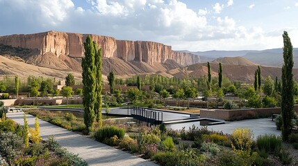 Fototapeta premium Oasis garden with desert landscape backdrop.