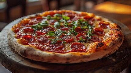 wood-fired gourmet pepperoni pizza with arugula on crispy neapolitan crust: delicious italian...