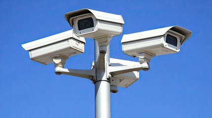 Three security cameras mounted on a pole against a clear blue sky.