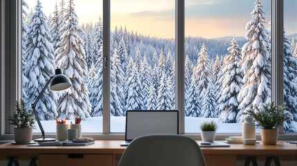 Home office setup with a laptop and desk, framed by a window overlooking a snowy forest. Great for work-from-home, lifestyle, and winter visuals.

