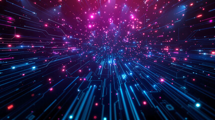 Naklejka premium Abstract technology background with glowing particles and interconnected lines, in vibrant blue and pink hues. Ideal for digital, network, and futuristic concepts.