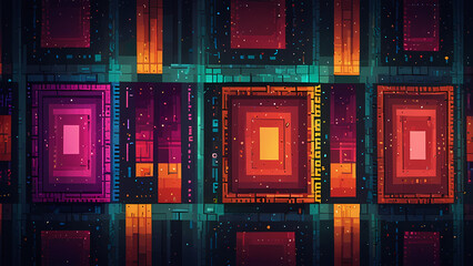 A playful and colorful pixel art background featuring a geometric abstract design with overlapping squares, bold gradients, and a retro arcade game vibe