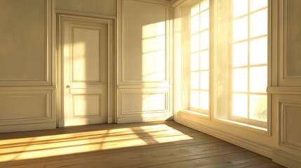 Obraz premium Sunlit Room With White Walls And Wooden Floor