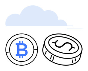 Bitcoin coin next to dollar coin beneath blue cloud. Ideal for financial tech, investment guides, online banking, cryptocurrency, digital assets, fintech startups, economic studies. Line metaphor