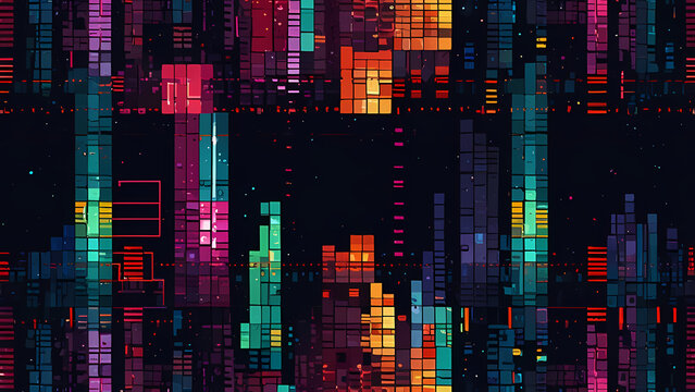 A playful and colorful pixel art background featuring a geometric abstract design with overlapping squares, bold gradients, and a retro arcade game vibe