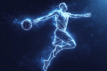 basketball player in action, jumping high to make a slam dunk with energy and precision. The design captures athleticism, power, and the excitement of the game, rendered in a sleek low-poly style with