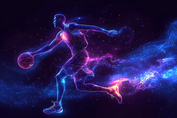 basketball player in action, jumping high to make a slam dunk with energy and precision. The design captures athleticism, power, and the excitement of the game, rendered in a sleek low-poly style with