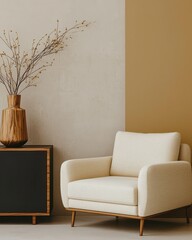 Stylish Interior Design Featuring Plush Chair and Modern Side Table with Unique Decor in Neutral Color Scheme for a Cozy Living Room Atmosphere.