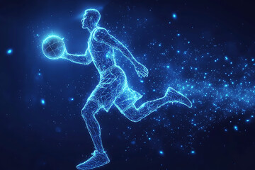 basketball player in action, jumping high to make a slam dunk with energy and precision. The design captures athleticism, power, and the excitement of the game, rendered in a sleek low-poly style with