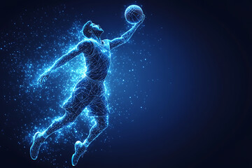 basketball player in action, jumping high to make a slam dunk with energy and precision. The design captures athleticism, power, and the excitement of the game, rendered in a sleek low-poly style with