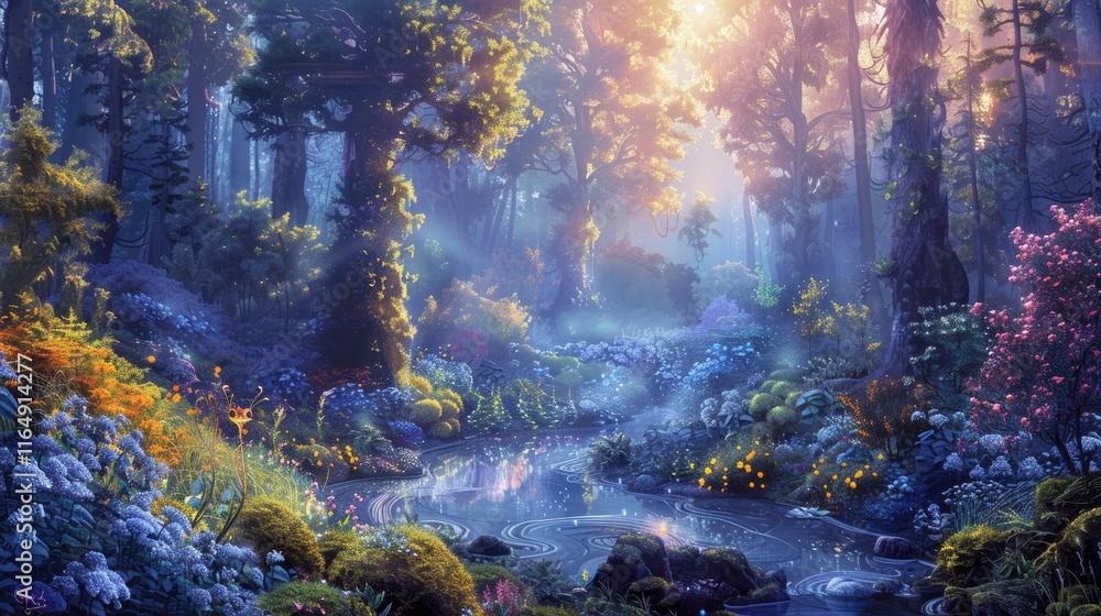 Poster a serene forest scene with vibrant flowers and a tranquil stream illuminated by soft light.