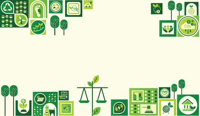 Green rights and law or environment law for eco friendly and sustainable future. The concept of carbon credit and carbon footprint with icons to drive industry to low emissions and carbon solution.
