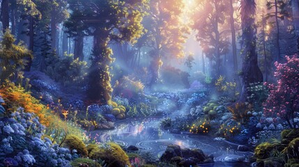 Obraz premium A serene forest scene with vibrant flowers and a tranquil stream illuminated by soft light.