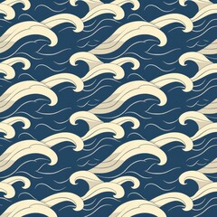 A seamless pattern of stylized ocean waves in cream and navy blue.