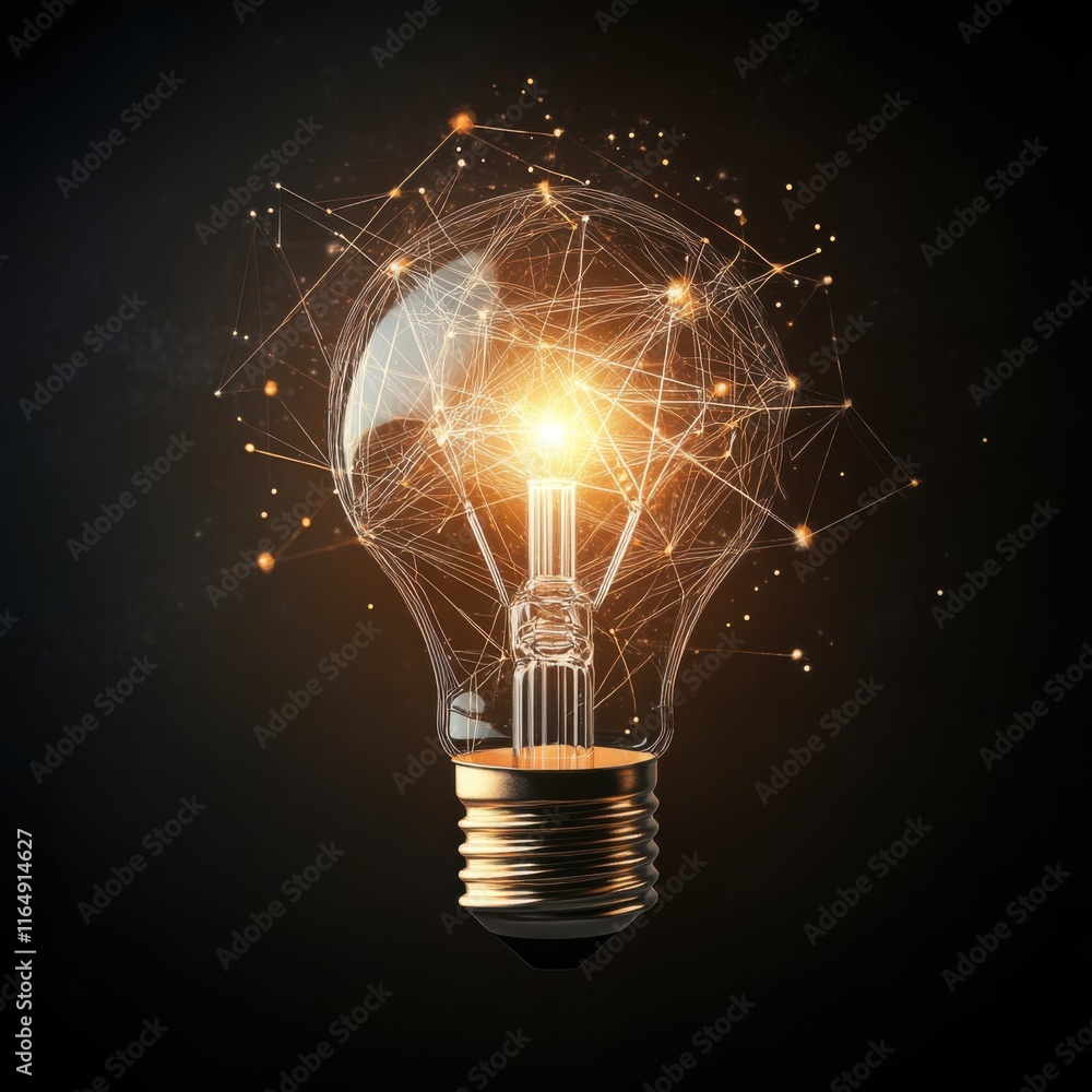 Poster illuminating ideas network: a glowing lightbulb with connected nodes representing innovation and cre