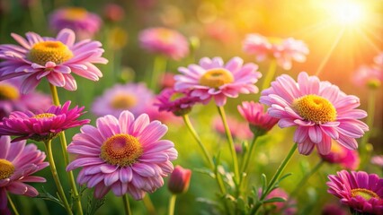 Obraz premium A field of pink and magenta daisies basking in the warm glow of the setting sun