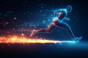 Fototapeta premium sprinter in full stride, showcasing speed, determination, and athleticism. The design captures the energy of competition with motion lines and glowing accents, rendered in a sleek low-poly style