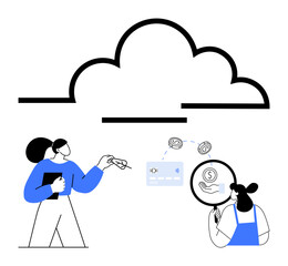 Users interacting with cloud symbol, exchanging money, and analyzing financial data. Ideal for cloud computing, financial transactions, cybersecurity, data management, information technology, digital © robu_s