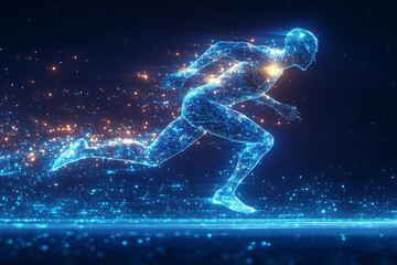 sprinter in full stride, showcasing speed, determination, and athleticism. The design captures the energy of competition with motion lines and glowing accents, rendered in a sleek low-poly style