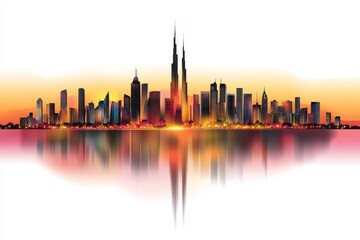 Naklejka premium Stunning Sunset Reflection of a Modern City Skyline with Skyscrapers and Vibrant Colors Showcasing Urban Life and Architectural Beauty