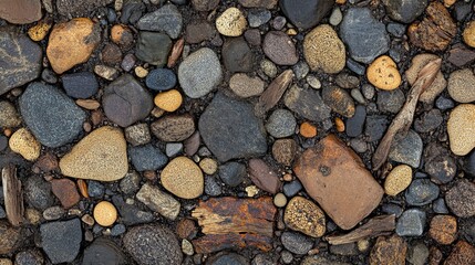 Close-up of diverse river rocks and driftwood on a riverbed.