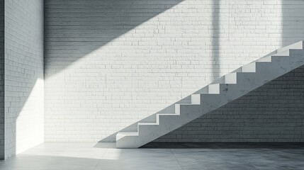 Modern concrete staircase against a white brick wall, sunlit.
