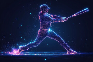 Fototapeta premium a baseball player in action, swinging a bat to hit the ball with power and precision. The design captures energy, athleticism, and competition, rendered in a sleek low-poly style with glowing effects