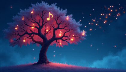 Vibrant Tree with Musical Lights in Starry Night