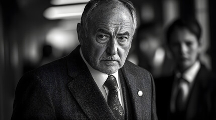 Serious senior man in suit, black and white portrait.