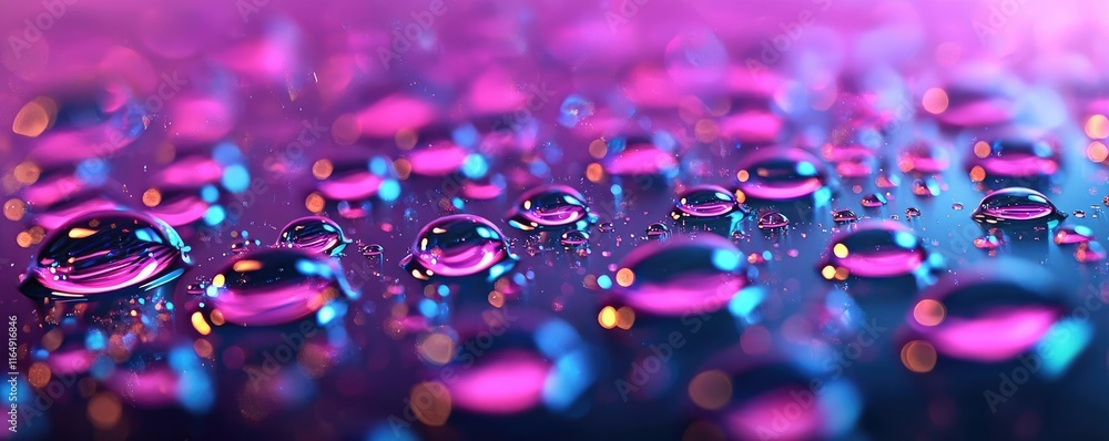 Poster droplets abstract background concept. close-up shot of colorful water droplets on a surface with vib