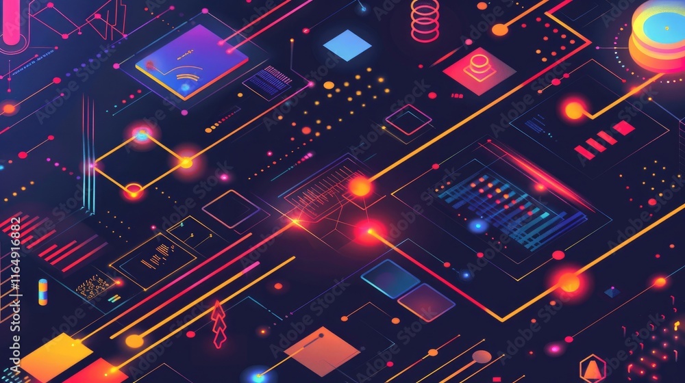 Poster abstract digital design with vibrant colors and geometric shapes representing technology.