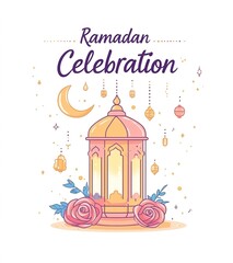 A pastel-themed vector illustration of a cute lantern with a moon and roses, featuring "Ramadan Celebration" in a charming cartoon style
