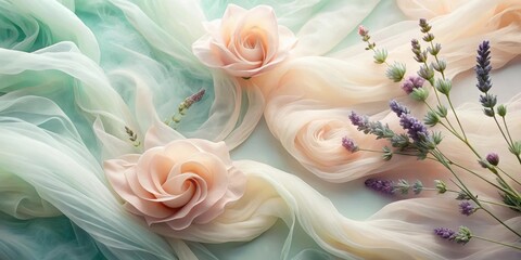 Obraz premium Delicate pastel roses and lavender blossoms artfully arranged on a flowing sheer fabric backdrop