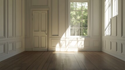 Fototapeta premium Sunlit Room with White Walls and Wood Floor
