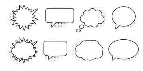 Collection of empty comic speech bubbles with halftone shadows