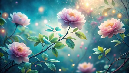 Enchanted Garden Soft Pink Blossoms in a Dreamlike Setting with Glowing Lights and Lush Greenery