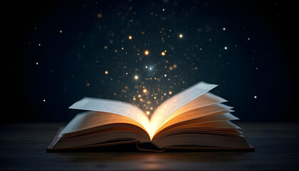 an open book with a glowing light coming out of it's pages and stars in the sky above it....