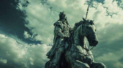 Ancient bronze equestrian statue of a crowned queen monarch in medieval armor mounted on a majestic horse, photographed against dramatic turquoise storm clouds at sunset