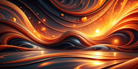 Abstract Orange and Dark Grey Swirling Waves with Glowing Spheres and Light Sources in a Cosmic Landscape