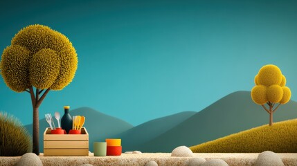 [Outdoor picnics area picnic dining] Colorful Farm Scene Illustration With Cartoon Style Trees & Fresh Produce Basket Under Clear Blue Sky