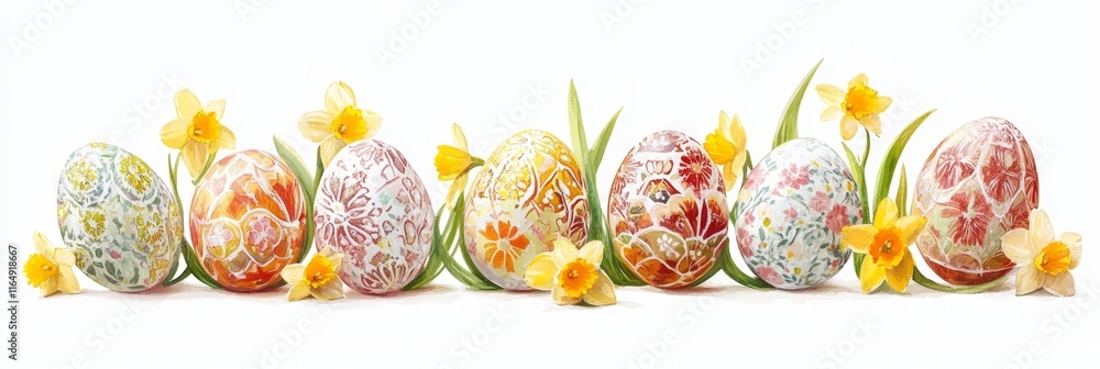 Poster easter egg cluster with pastel patterns surrounded by blooming tulips and daffodils on white backgro